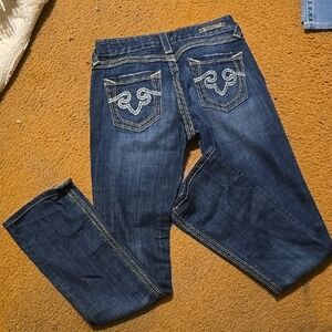 Indigo Blue Straight Leg Jeans with Decorative Stitching